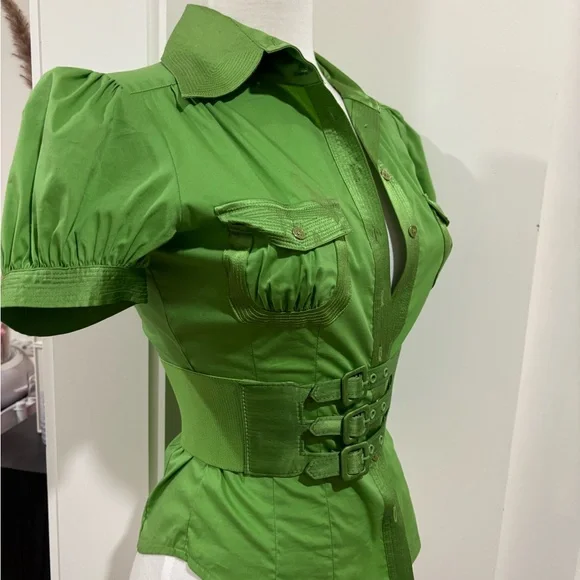 Vintage Bebe Green Belted Short Sleeve Top - Picture 2 of 6